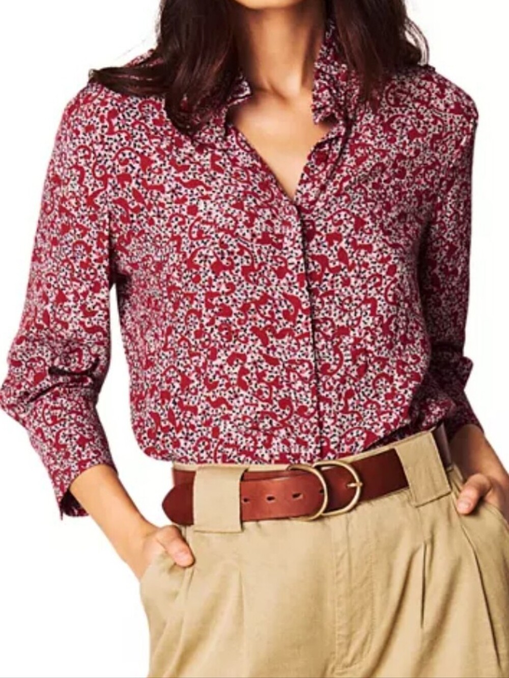 BA&SH CATTY THREE-QUARTER SLEEVE RED, PINK BLACK, CREAM PRINT SHIRT, US 4